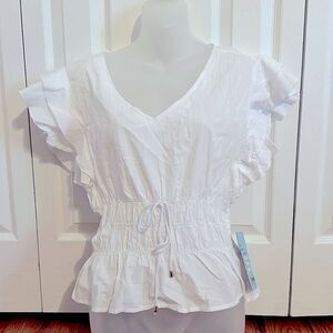 Cisono Woven V-Neck Cinched 100% Cotton White Top Blouse Shirt Large L NWT